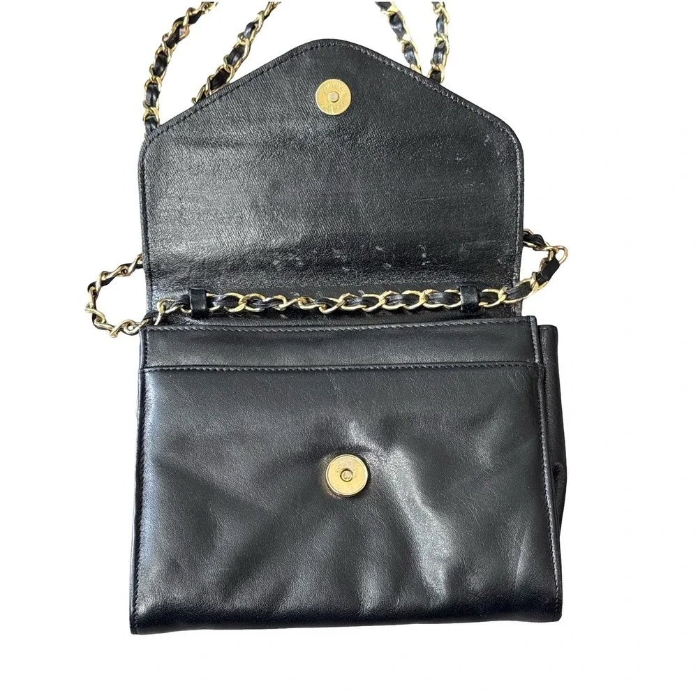Monet Vintage Black Leather Crossbody Bag Gold Chain Strap Small Envelope Purse